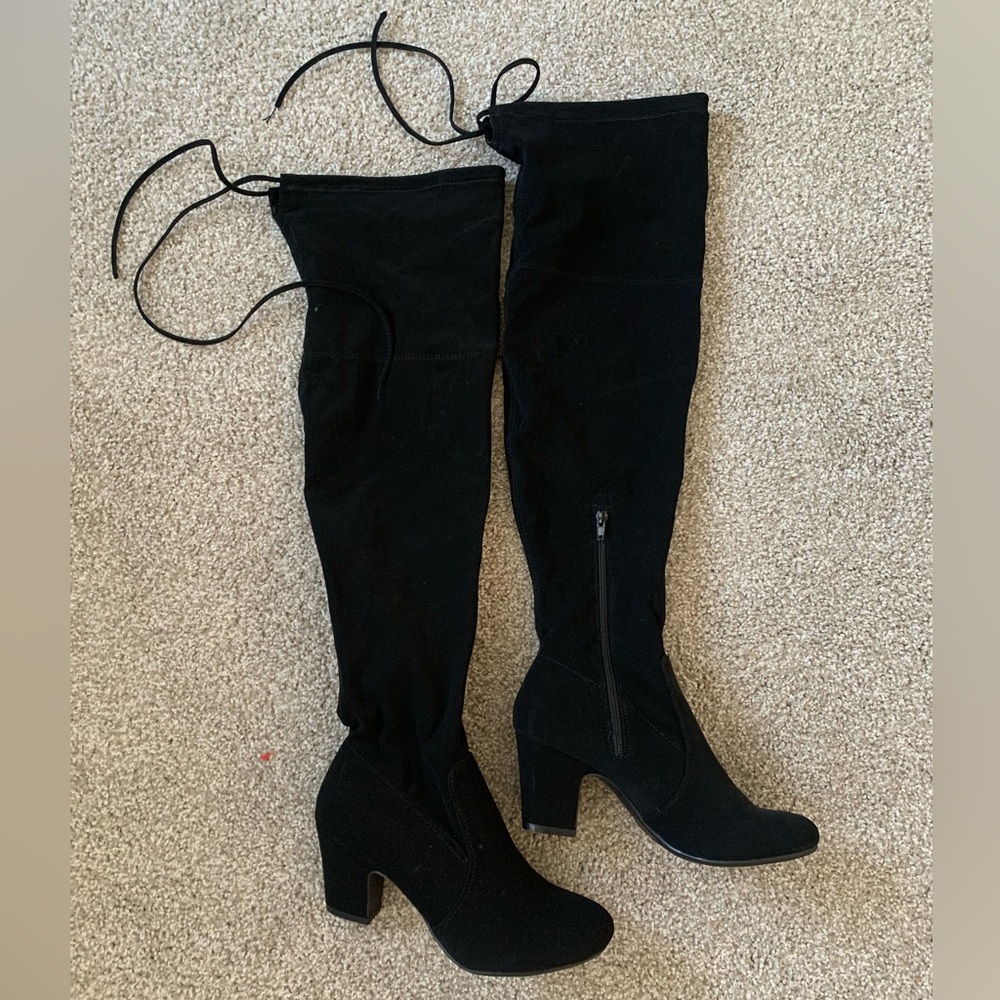 Thigh High Black Heeled Boots with Tie Closure